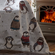 Load image into Gallery viewer, Snowy Penguin Sherpa Throw - Soft Fleece Winter Blue Snowflakes
