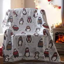 Load image into Gallery viewer, Snowy Penguin Sherpa Throw - Soft Fleece Winter Blue Snowflakes
