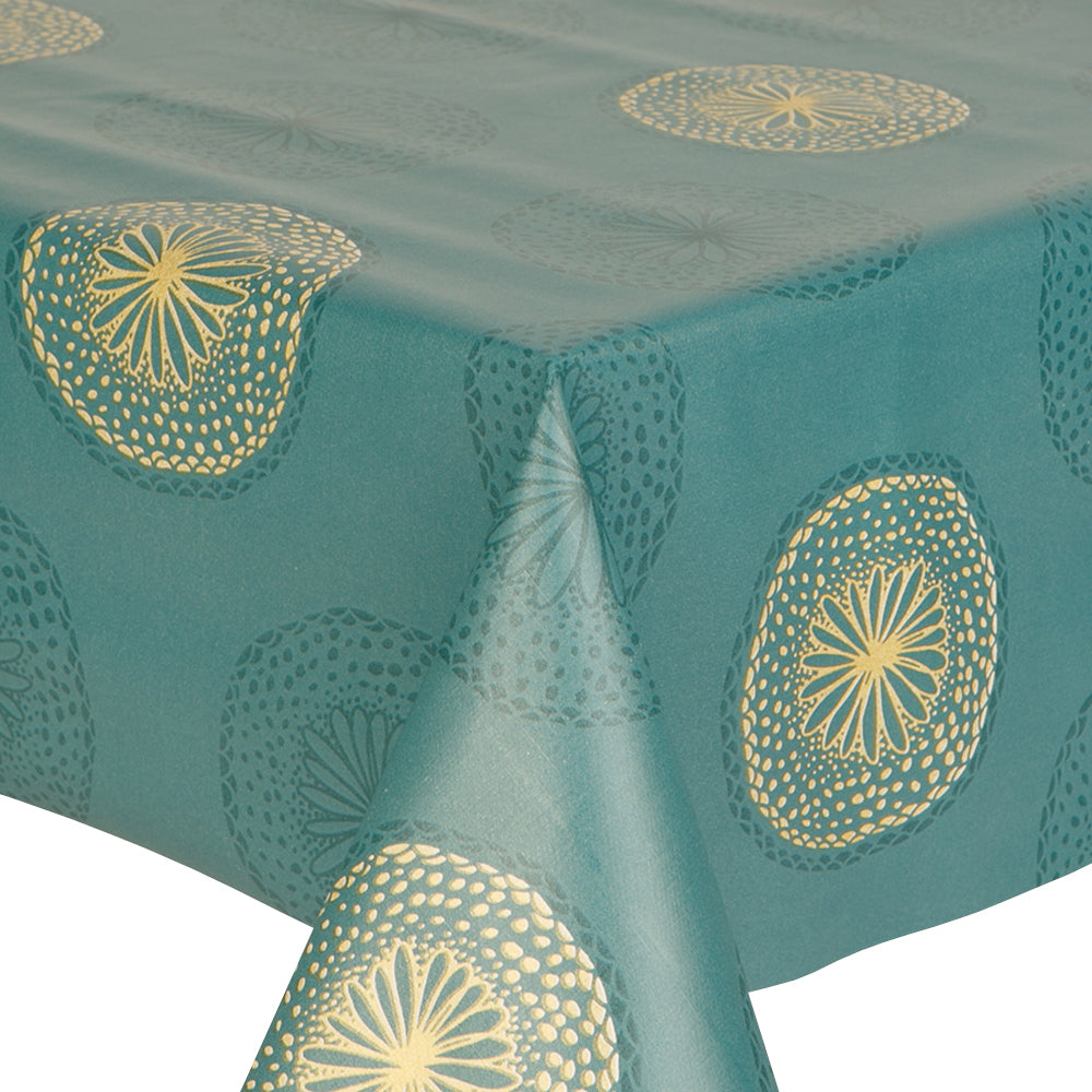 PVC Sorrento Jade - Wipe Clean Table Cloth Floral Circle Dots Gold Green Teal