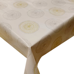 PVC Sorrento Ivory - Wipe Clean Table Cloth Floral Circle Dots Gold Silver