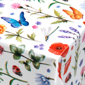 PVC Spring Floral - Wipe Clean Table Cloth Wild Flowers Red Poppies Butterfly Bees Ladybirds Wildlife