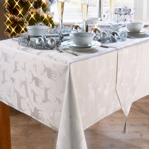 Large Stag White Silver - Christmas Table Cloth Range