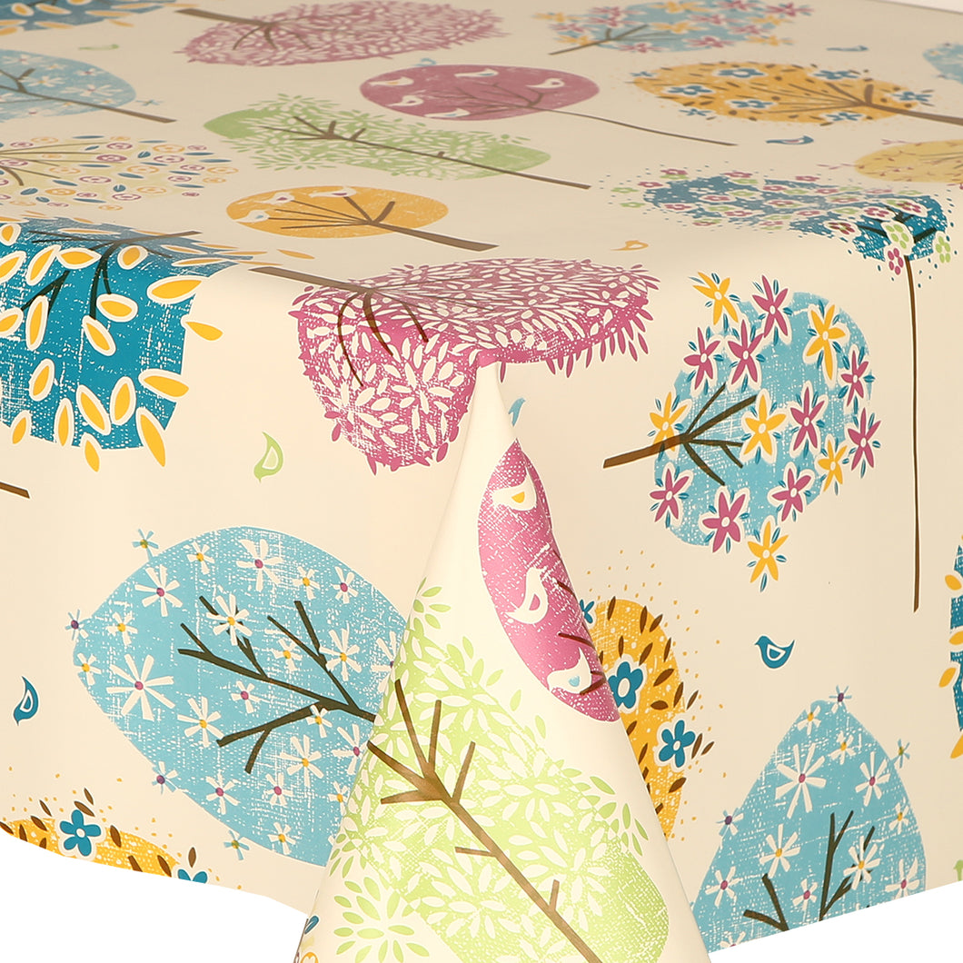 PVC Funky Trees - Wipe Clean Table Cloth Autumn Leaves Birds Blue Yellow Purple