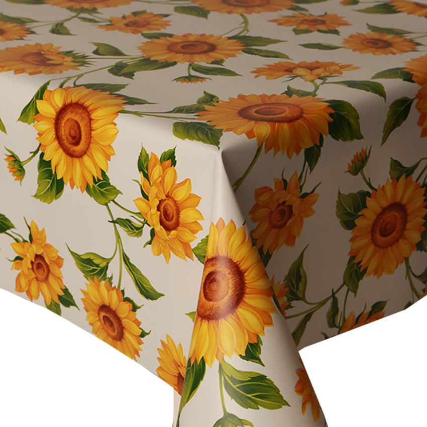 PVC White Sunflowers - Wipe Clean Table Cloth Summer Yellow Green