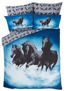 Wild Spirit - Duvet Cover Set Equestrian Pony Horses Grey Blue Ocean
