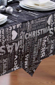 Xmas Words Black Silver - Christmas Table Cloth Range Metallic Text