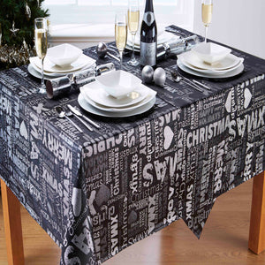 Xmas Words Black Silver - Christmas Table Cloth Range Metallic Text