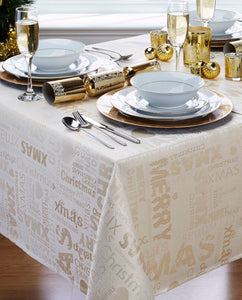 Xmas Words Cream Gold - Christmas Table Cloth Range Metallic Text