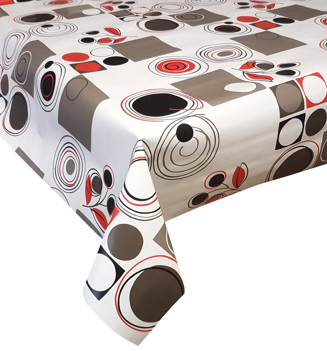 PVC Retro Abstract Red - Wipe Clean Table Cloth Cherry Shapes Grey Black White
