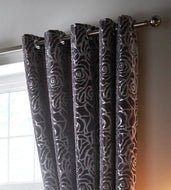 Amelia Steel - Eyelet Curtain Pair Embossed Rose Silver Grey