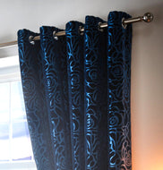 Amelia Teal - Eyelet Curtain Pair Embossed Rose Blue Green