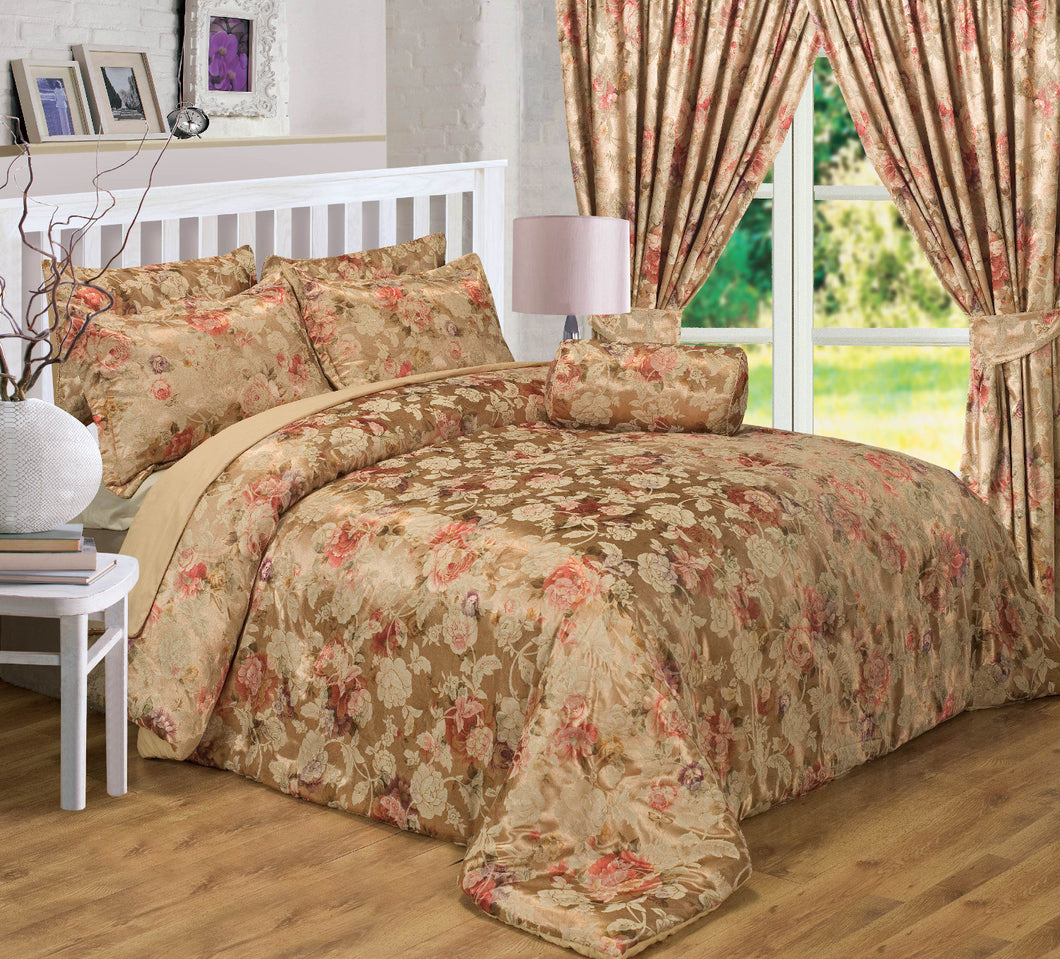 Anastasia Gold - Quilted Bedspread Jacquard Floral Throw Over Set