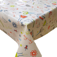 PVC Back To School - Wipe Clean Table Cloth Science Maths Red Green Grey Grid Stationary