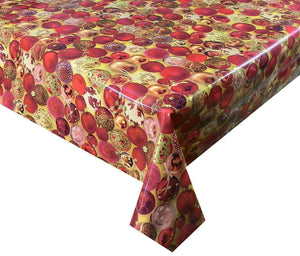 PVC Baubles Red - Wipe Clean Table Cloth Festive Decoration Crimson Gold