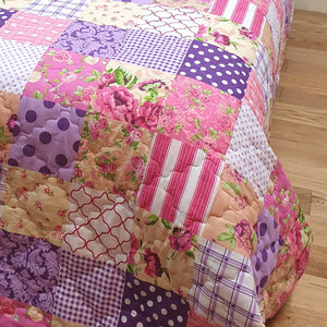 Patchwork Berry - Quilted Bedspread Throw Over Set Geometric Purple Plum