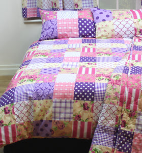 Patchwork Berry - Pillowcase Pair Polka Check Floral Purple Pink Beige