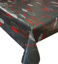 Load image into Gallery viewer, PVC Black Bowls - Wipe Clean Table Cloth Circles Oval Dots Red White
