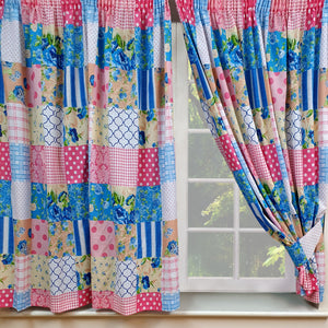 Patchwork Blue - Curtain Pair Geometric Pink Beige White