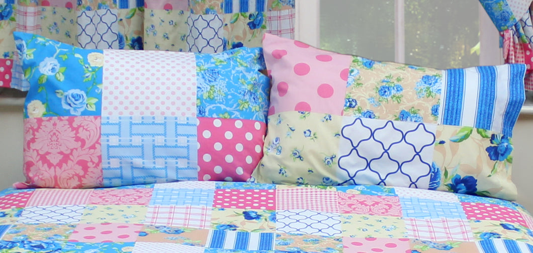 Patchwork Blue - Pillowcase Pair Polka Check Floral Pink Beige