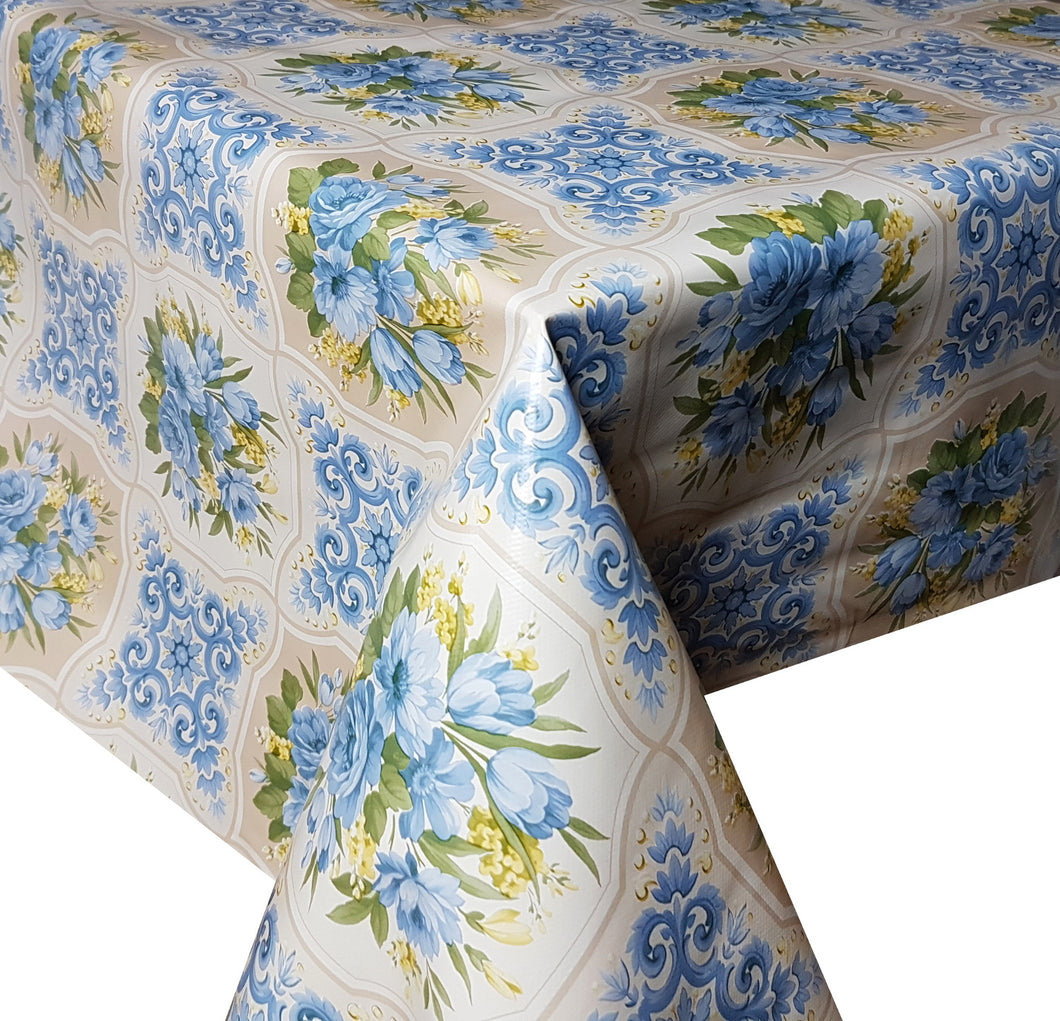 PVC Bouquet Blue - Wipe Clean Table Cloth Beige Green Floral Leaf Scroll Patchwork