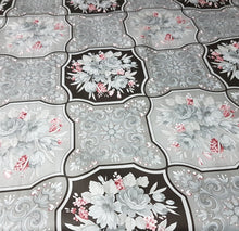 Load image into Gallery viewer, PVC Bouquet Grey - Wipe Clean Table Cloth Pink Slate Charcoal Floral Leaf Scroll Patchwork
