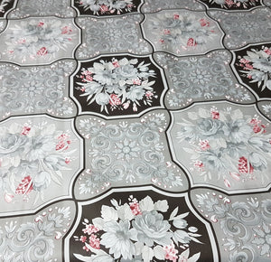 PVC Bouquet Grey - Wipe Clean Table Cloth Pink Slate Charcoal Floral Leaf Scroll Patchwork