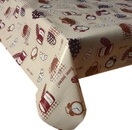 PVC Breakfast Brown - Wipe Clean Table Cloth Croissants Tea Cups Polka Dot Gingham Check