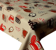 PVC Breakfast Natural Red - Wipe Clean Table Cloth Croissants Tea Cups Polka Dot Gingham Check