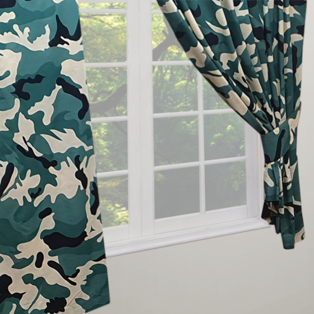 Camo Green - Curtain Pair Army Camouflage Khaki Beige Black