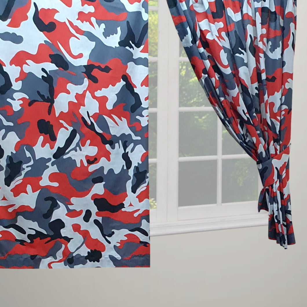 Camo Red - Curtain Pair Army Camouflage Grey Black