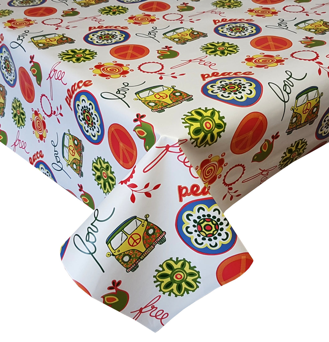 PVC Peace & Love - Wipe Clean Table Cloth Retro 60's Campervan Flower Red Yellow Blue