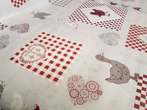 PVC Chicken And Duck - Wipe Clean Table Cloth Dots Hearts Houndstooth Red Grey