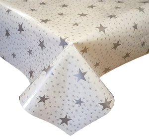 PVC Stars Silver On Clear - Wipe Clean Table Cloth Grey