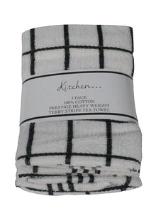 Fancy Stripe Tea Towels Black - 3 Pack Terry Check White