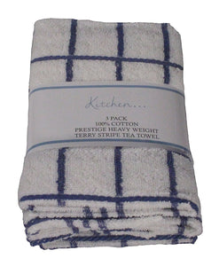 Fancy Stripe Tea Towels Blue - 3 Pack Terry Check White