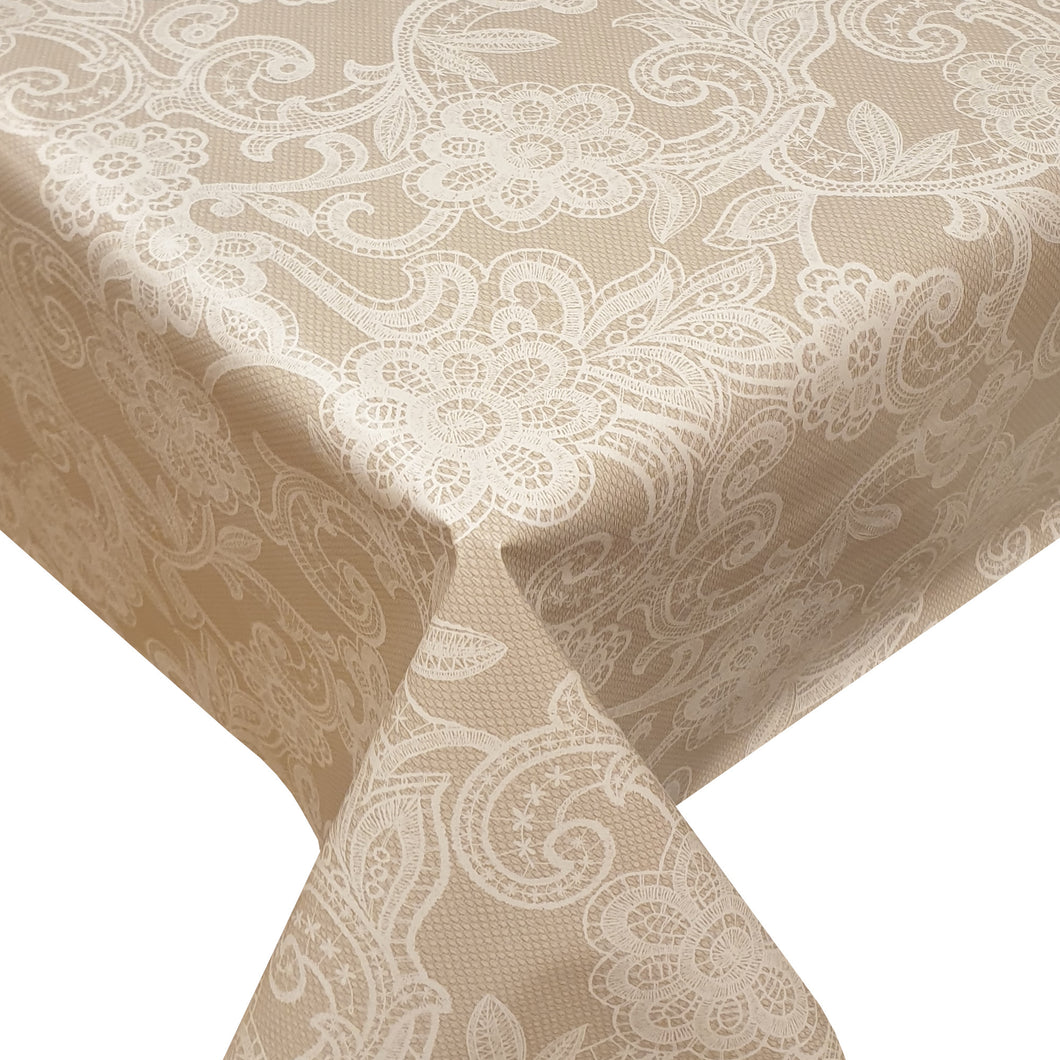 PVC Fleur Lace Natural - Wipe Clean Table Cloth Printed Floral Net Beige Mink