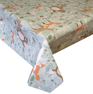 PVC Forest Friends - Wipe Clean Table Cloth Bear Fox Rabbit Deer Autumn Leaves Duckegg Blue Orange