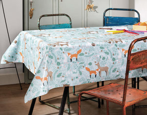 PVC Forest Friends - Wipe Clean Table Cloth Bear Fox Rabbit Deer Autumn Leaves Duckegg Blue Orange