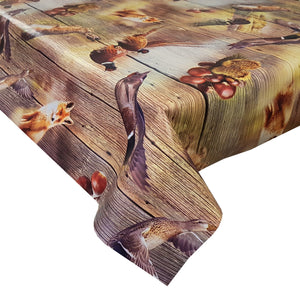 PVC Game - Wipe Clean Table Cloth Woodland Hunting Animals Pheasant Fox Duck Acorns Wooden Planks