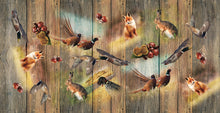 Load image into Gallery viewer, PVC Game - Wipe Clean Table Cloth Woodland Hunting Animals Pheasant Fox Duck Acorns Wooden Planks
