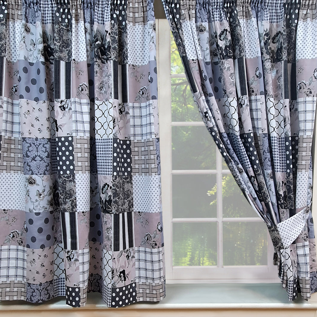 Patchwork Grey - Curtain Pair Geometric Charcoal Slate Blue White