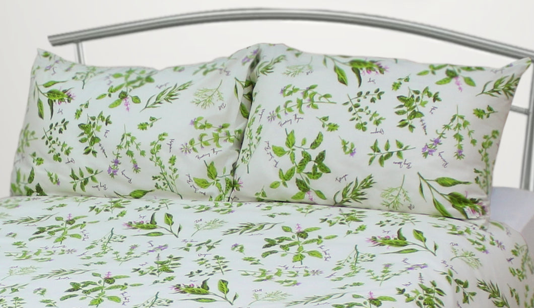 Herbs - Pillowcase Pair Country Cottage Cotton Garden Flowers Green Sage Thyme Mint Rosemary