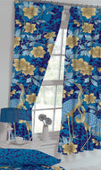Heron Blue - Curtain Pair Floral Leaf Bird Gold Yellow