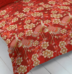 Heron Red - Duvet Cover Set Floral Leaf Bird Crimson Burgundy Yellow Gold