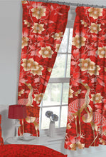 Load image into Gallery viewer, Heron Red - Curtain Pair Floral Leaf Bird Crimson Burgundy Yellow Gold
