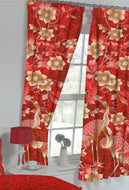 Heron Red - Curtain Pair Floral Leaf Bird Crimson Burgundy Yellow Gold