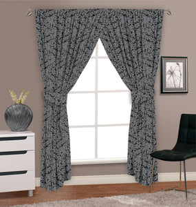 Autumnal Grey - Curtain Pair Heron Floral Leaves Charcoal Slate