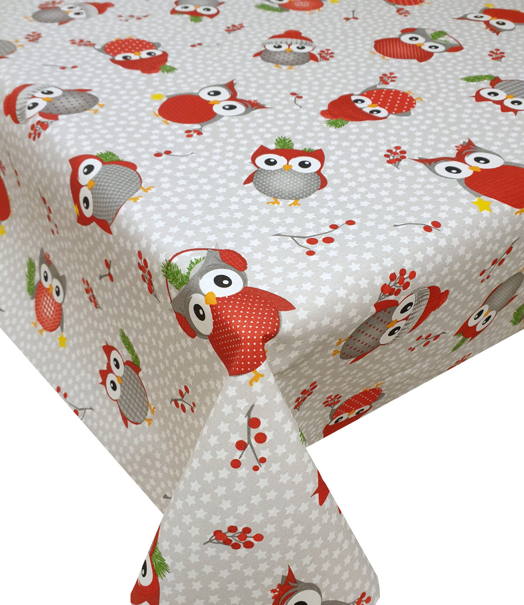 Acrylic Hootney Red - Wipe Clean Table Cloth Festive Winter Owls Stars Grey