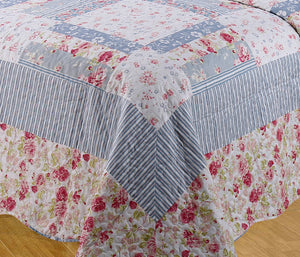 Julie Blue - Quilted Bedspread Floral Patchwork Throw Over Set