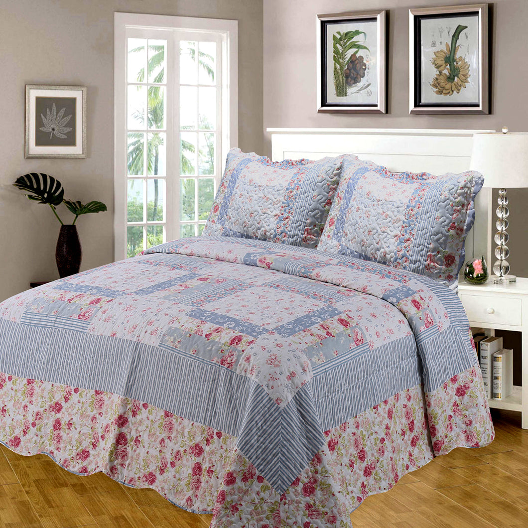 Julie Blue - Quilted Bedspread Floral Patchwork Throw Over Set
